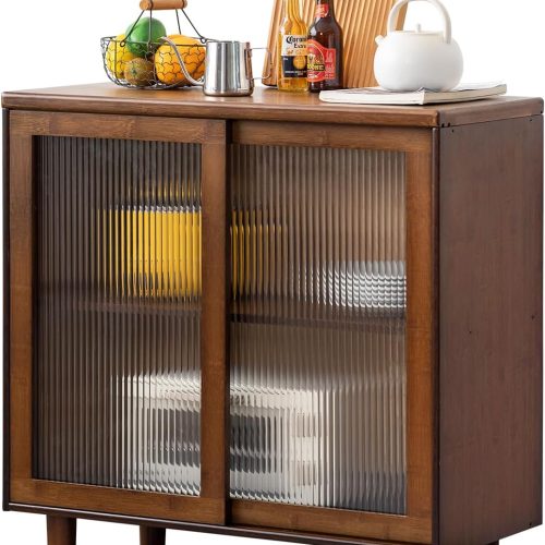 Bamboo Sideboard Buffet Cabinet, Rattan Kitchen Storage Cabinet, Boho Coffee Bar Tables for Kitchen Living Room Hallway Office, Walnut