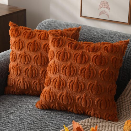 Fall Pillow Covers 18x18 Set of 2 Fall Decorations Autumn Rust Pumpkin Throw Pillow Cases Soft Plush Faux Fur Wool Couch Cushion Case for Chair Sofa Bedroom Living Room Home Decor PTK02A18
