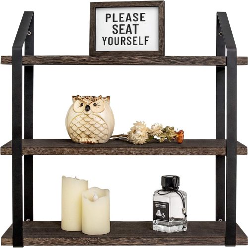 Floating Wall Shelves 3 Tier 17 Inch Rustic Hanging Shelf with Metal Bracket Wall Mount Wood Storage Display Shelves for Living Room Bathroom Bedroom Kitchen Office,Medium