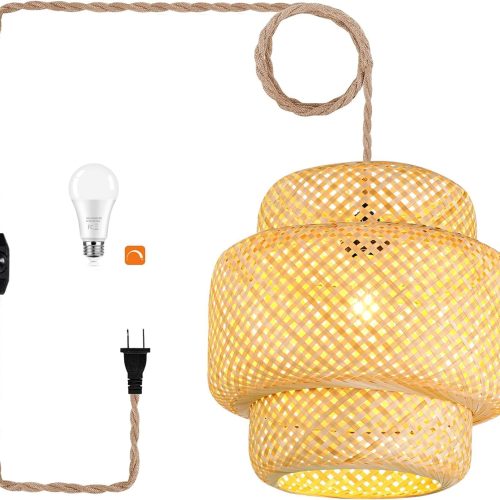 Plug in Pendant Light Rattan Hanging Lights with Plug in Cord Bamboo Hanging Lamp Dimmable,Handmade Woven Boho Wicker Basket Lamp Shade,Plug in Ceiling Light Fixture for Living Room Bedroom Kitchen