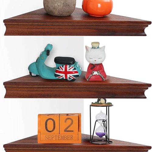 Corner Floating Shelf for Wall Set of 4,Triangular Corner Shelves Wall Mounted for Bedroom,Living Room,Bathroom,Kitchen-Dark Walnut