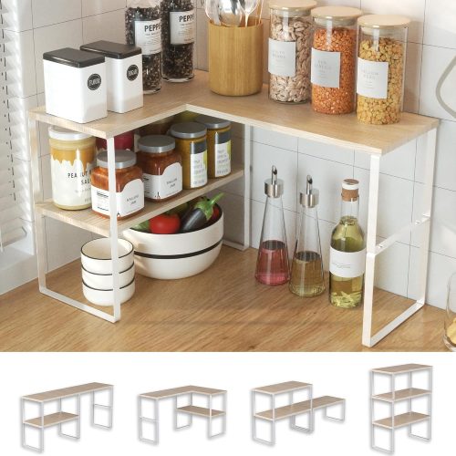 1 Countertop Organizer Corner Shelf, 2 Tier Adjustable Stackable Corner Shelves for Kitchen, Bathroom, Spice Rack, Coffee Bar, Over Sink, Dresser Table, Corner Counter Shelf Stand, Natural Beige