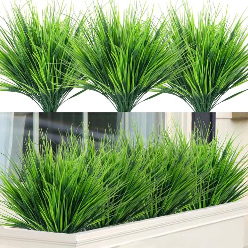Artificial Wheat Grass Fake Plants Outdoor UV Resistant Greenery Stems Plastic Shrubs for Patio Garden Farmhouse Front Porch Window Box Home Decor, 10 Bundles