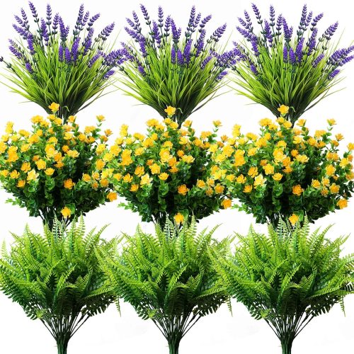 18PCS Outdoor Artificial Plants Flowers Bulk, UV Resistant Fake Monkey Grass Fern Outside Faux Greenery Mums Rosemary Arrangement for Front Porch Window Box Planter Hanging Basket Garden