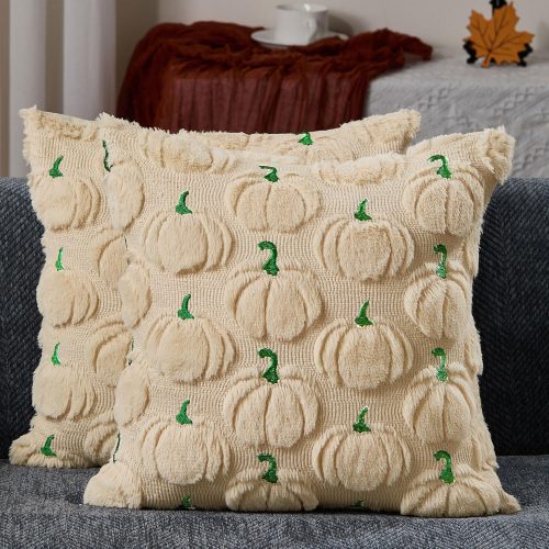 1 Fall Pillow Covers 18x18 Set of 2 Fall Decorations Autumn Beige Pumpkin Throw Pillow Cases Soft Plush Faux Fur Wool Couch Cushion Case for Chair Sofa Living Room Home Decor PTK042A18