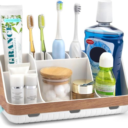Bathroom Countertop Organizer - Detachable 7 Slots Kids Electric Toothbrush and Toothpaste Holde Drainage for Bathroom Accessories Organization Counter Vanity Storage, Woodgrain