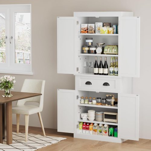 72" Kitchen Pantry Cabinet, Tall Pantry Storage Cabinet with Drawer and 4 Adjustable Shelves, Freestanding Pantry Cupboard Cabinet for Kitchen, Dining Room and Living Room (White)