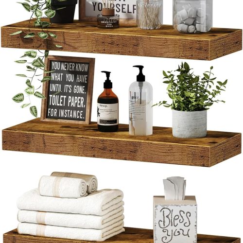 Floating Shelves for Wall Bathroom Shelf Bedroom Kitchen Living Room Hanging Book Shelves Small Farmhouse Decor 16 inch Set of 3, Rustic Brown (015-BN3)
