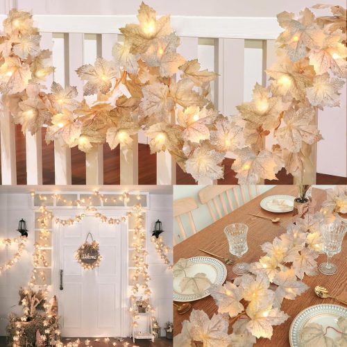 4 Pack Fall Garland with Lights Fall Decorations for Home, Thanksgiving Decorations Total 26 Ft 80 LED Enlarged Lighted Maples Leaves Garland Autumn Garlands Halloween Decor Fireplace Party Christmas