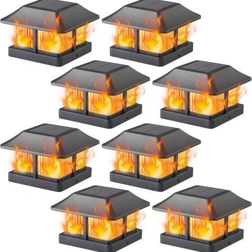Solar Flame Post Cap Lights Outdoor, Solar Powered Fence Post Light, Flickering Flame LED Lantern Lamps Waterproof for Garden Deck Patio, Fit 4x4 Wooden/Vinyl Posts, 8 Pack