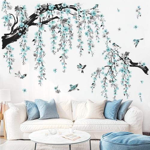 Large Watercolor Flower Branch Wall Stickers Blue Blossom Tree Branches Peel and Stick Wall Art Decals for Living Room Bedroom TV Wall