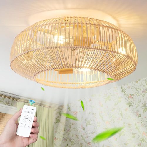 20'' Boho Rattan Ceiling Fan with Light, Coastal Caged Ceiling Fans with Lights and Remote Control, Enclosed Hidden Flush Mount with Reversible 6 Speeds for Living Room Bedroom Nursery