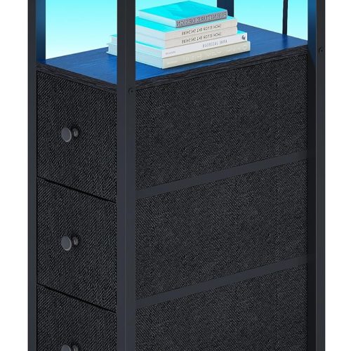 End Table with Charging Station, Narrow Side Table with 3 Fabric Drawers, Skinny Nightstand with LED Light, Slim Bedside Table for Bedroom, Living Room, Small Spaces, Black