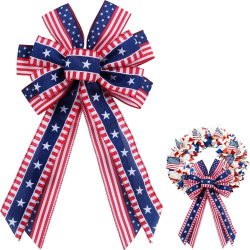 YKW Large Patriotic Bow for Wreaths, American Flag Stars and Stripes Bow with Wired Edge, 4th of July Decoration, Memorial Day Front Door Decor, Veterans Day USA Accent