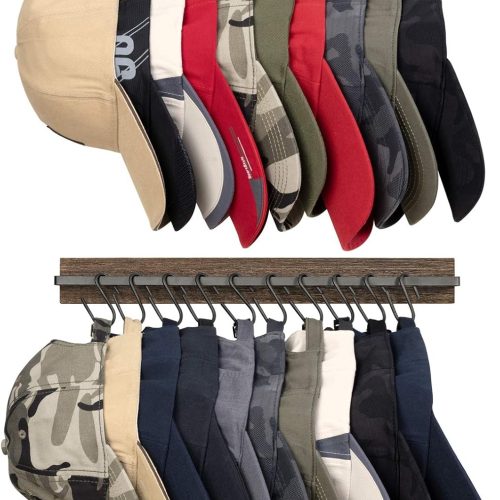 Hat Rack for Wall Wooden Baseball Caps Organizer with 20 Hooks Rustic Cowboy Hanger Mounted Hats Display Closet Bedroom Entryway, Set of 2, Brown