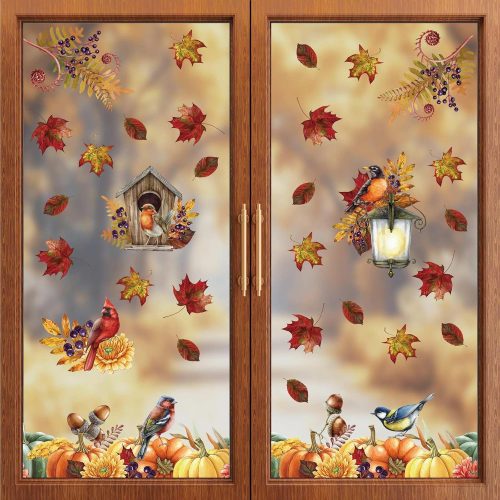 9 Sheets Fall Window Clings Cardinal Birds Pumpkins Maple Leaves Flowers Acorns Double-Sided Window Decals Stickers for Autumn Thanksgiving Party Home Classroom Office Decorations