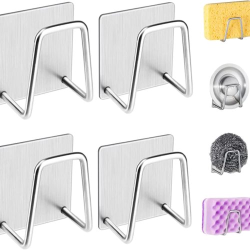 4Pcs Premium Sink Sponge Holder for Kitchen Sink Caddy Brush - SUS304 Stainless Steel Waterproof Rustproof Quick Drying Strong Self Adhesive (1. Silver X 4Pcs)
