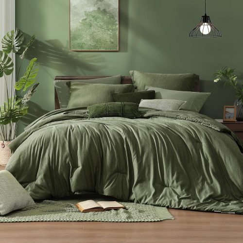 x Queen Comforter Set - 7 Pieces Cationic Dyeing Olive Green Bed in a Bag Queen Bedding Sets with Comforter, Sheets, Pillowcases & Shams, Reversible Bedding Comforters Sets