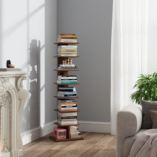 Narrow Bookshelf, 8-Tier Bookcase, Spine Book Shelf for Small Space, Corner Standing Shelf for Living Room, Office, Study, Entryway, Rustic Brown BS06BB008