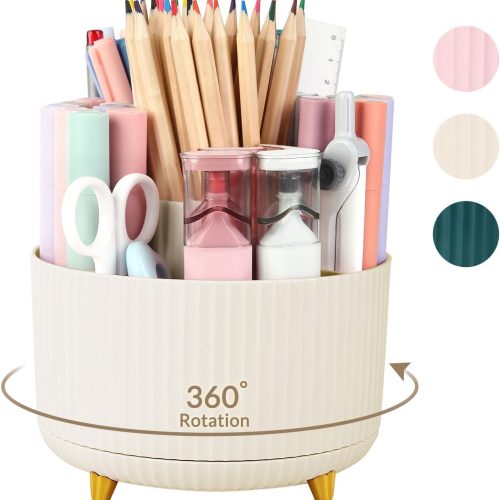 360 Rotating Plastic Desk Pen Organizer with 5 Slots, Dual-Purpose Art Supply Pencil Cup for Office, School, Home