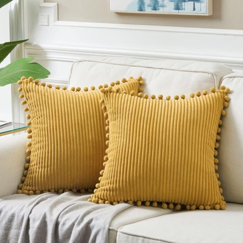1 Pack of 2 Mustard Yellow Fall Decorative Throw Pillow Covers 20x20 Inch with Pom-poms for Living Room Couch Bedroom, Soft Corduroy Solid Square Cushion Case 50x50 cm, Boho Home Decor