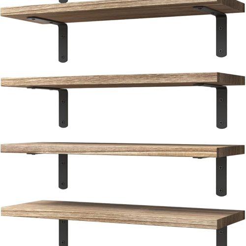 Wood Floating Shelves Set of 6, Shelves for Wall Decor, Farmhouse Shelf for Bedroom, Bathroom Storage Shelves, Book Shelves for Living Room - Rustic Brown