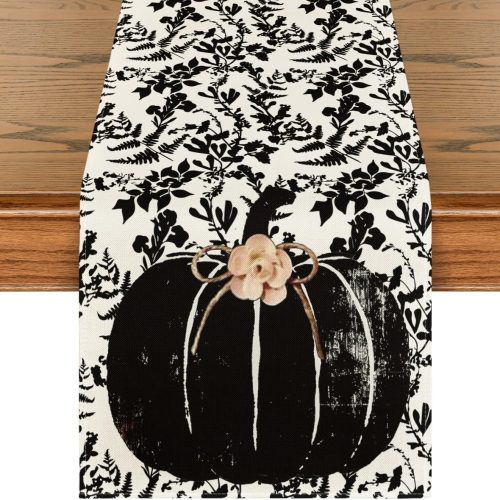 Pumpkin Leaves Darkness Flower 210 GSM Fall Table Runner, Seasonal Autumn Kitchen Dining Table Decoration for Home Party Decor 13x48 Inch