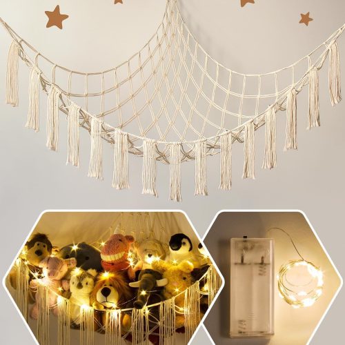 Stuffed Animal Storage Hammock Corner X-Large with LED Light - Baby Hammock Hanging Holder Plushies Net for Stuff Animals Organizer - Cute Room Decor Aesthetic Kids Toddler Nursery Bedroom Boho