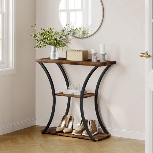 3 Tier Console Table with Open Wood Shelves, Decorative Entryway Table with Curved Metal Frames, Narrow Sofa Table for Entrance, Living Room, Hallway, Rustic Brown+Black