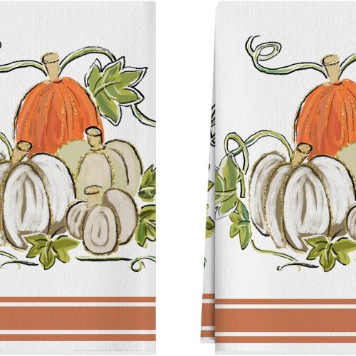 Fall Pumpkin Striped Dish Towels 18x26 Inch Hand Kitchen Towels Dishcloth Home Decorations Set of 2