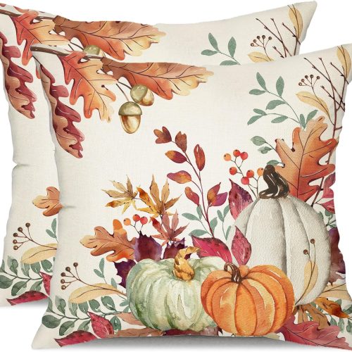 1 Fall Pillow Covers 18x18 inch Set of 2 Orange White Pumpkin Fallen Leaves Decorative Outdoor Throw Pillow Covers Autumn Thanksgiving Farmhouse Decoration for Home Couch TH27-A18
