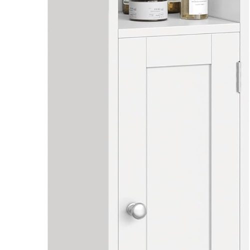 Small Bathroom Storage Corner Floor Cabinet with Door, 7.9 x 7.1 x 31.5 Inches, Bathroom Organizer, Narrow Toilet Paper Storage Cabinet, Adjustable Shelves, Cloud White UBBC310W01