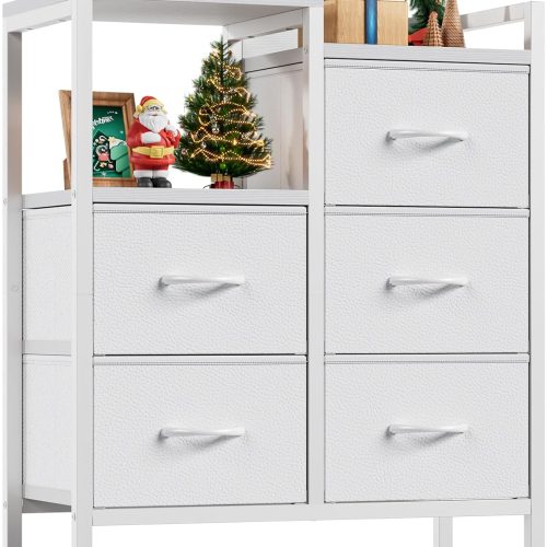 5 Drawer White Dressers for Bedroom 2 Tier Shelf Storage Small Fabric Dresser for Closet Sturdy Metal Frame Modern Style Storage Cabinets Organization Units for Hallway Rooms