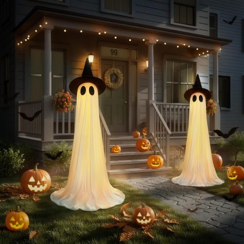 2 Packs Halloween Decorations Outdoor, 5Ft Wind-Resistant Ghost Decor with USB String Lights, Scary Door Decoration Outside Euipped Waterbags & Hats, Ideal for Party Porch Yard Garden Lawn
