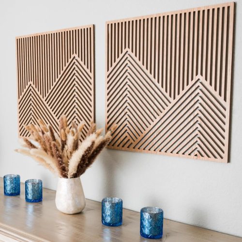 2 Pcs Wood Mountain Wall Art - Modern Wooden Panel Mountain Wall Decor, Decorative Forest Nature Abstract Line Minimalist Wall Art for Living Room Bedroom Farmhouse - Large 23.5”x23.5”