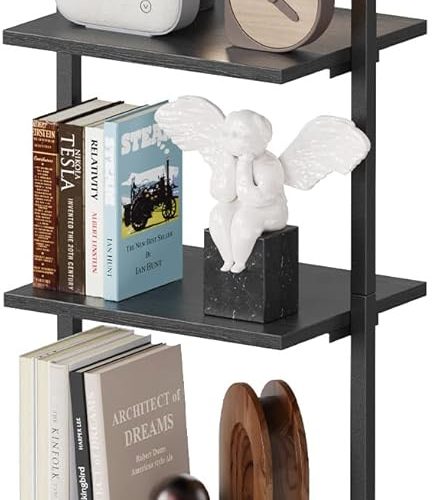 5-Tier Ladder Shelf, 5-Tier Wood Wall Mounted Bookshelf with Metal Frame, Open Industrial Display Shelves for Home Office, Bedroom, Living Room, Black