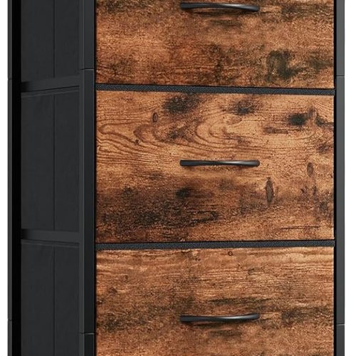Tall Dresser for Bedroom with 5 Drawers, Storage Organizer Chest of Drawers with Removable Fabric Bins for Closet Bedside Nursery Laundry Living Room Entryway Hallway, Wood Grain Print