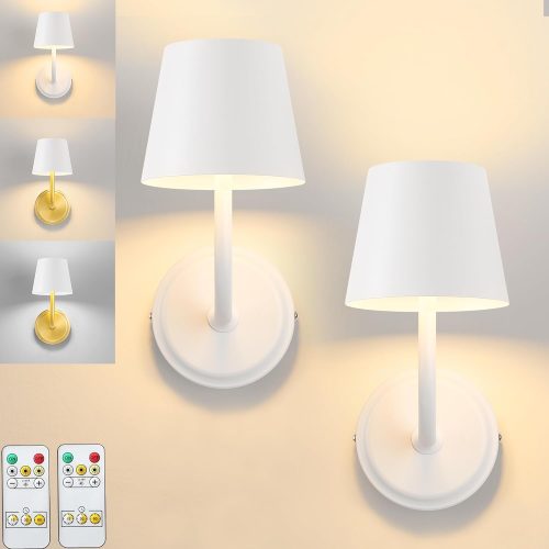 Wall Sconce Set of Two,White Battery Sconces with Remote,3 Color Temperatures Rechargeable Wireless Wall Lights,Dimmable Battery Powered Lamp for Bedroom Living Room Hallway