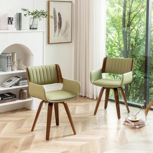 Mid Century Modern Dining Chairs Set of 2,Swivel Accent Faux Leather Desk Chairs, with Wooden Legs/Armrest/Upholstered Seat/Adjustable Foots for Kitchen Dining Room Desk Chairs(Green)