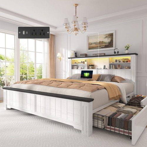 Queen Bed Frame with Headboard, Bed Frame Queen Size with 4 Drawers Charging Port & LED, Farmhouse Queen Bed Built in Charging Station,No Box Spring Needed,NO Noise,White with Grain Marks