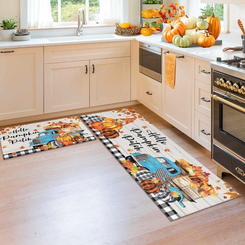 Fall Kitchen Rugs and Mats for Floor, Fall Decorations for Home, 2 Pcs Non-Slip Backing Pumpkin Mat, Autumn Decor Thanksgiving Kitchen Rug Sets with Runner (Fall 09, 17"x47.2"+17"x30")