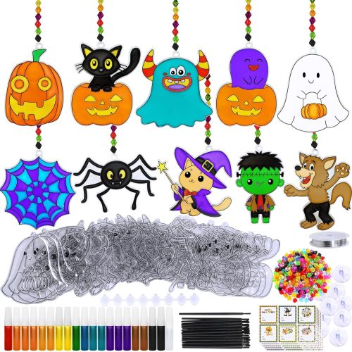 1 30 Sets Halloween Suncatchers Ornaments Decorations DIY Window Paint Art Suncatchers Halloween Craft Kits Jack-O'-Lantern Ghost Spider Sun Catchers for Kids Classroom Activities Art Project