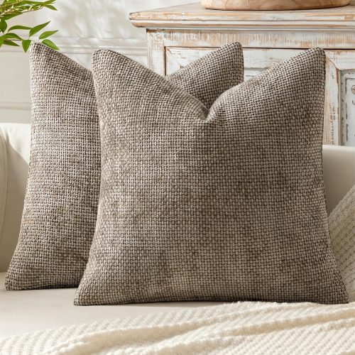 1 Pack of 2 Couch Throw Pillow Covers 18x18 Inch Neutral Khaki Modern Boho Accent Decorative Pillow Covers Soft Chenille Farmhouse Cushion Covers for Home Decor Bed Sofa Living Room
