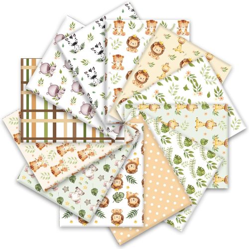 1 12Pcs Safari Cotton Fabric Bundles Watercolor Safari Animals Printed Fabric Squares Jungle Theme Sewing Fabrics for DIY Handmade Craft Party Decor, 10 x 10 in