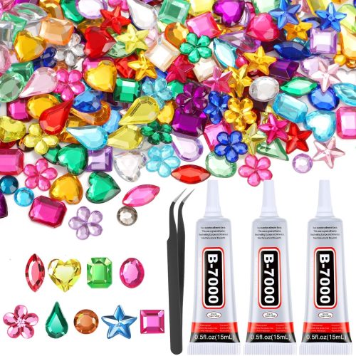 1 900Pcs Jewels for Bedazzling with 3 Pack B7000 Jewelry Glue, Flat Back Craft Gems Rhinestones for Clothing, Sequins Rhinestones Gemstones for Fabric, Decoration