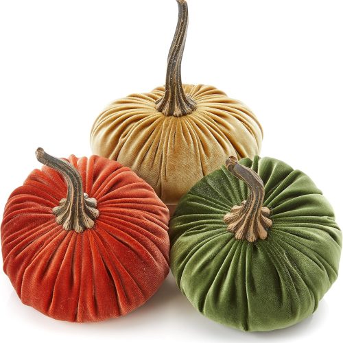 1 Set of 3 Velvet 6.25 Inch Pumpkins, orange pumpkin decor, Thanksgiving centerpiece, hygge home, elegant bookshelf accent, Halloween indoor decor, tiered tray accent for kitchen (Rust, Gold, Olive)