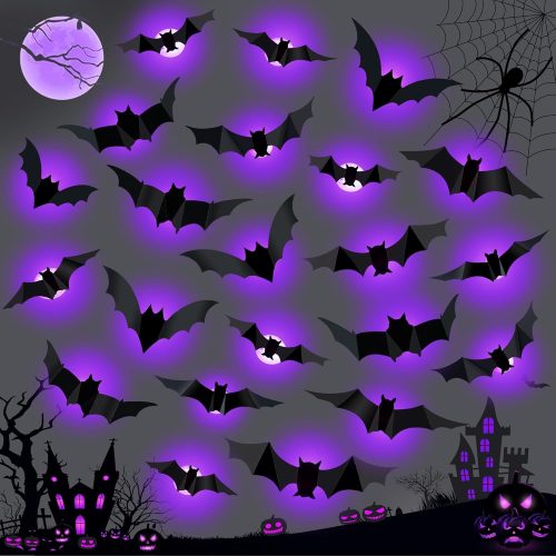 1 36 PCS LED Purple Lighted 3D Bats Halloween Decoration, 5 Sizes & 4 Shapes Removable PVC Bats Sticker, Waterproof Halloween Bat Wall Decor for Home Indoor Outdoor Bedroom Window Door Wall Party Decor