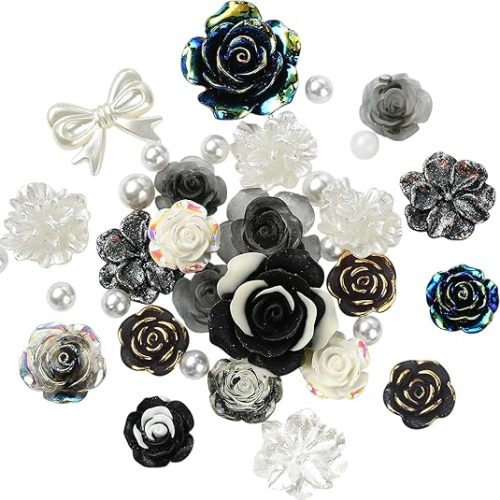 1 1 Pack Random 3D Resin ABS Colorful Rose Flower Butterfly Bow Charm Pearl Bead Floral Cabochon for Bracelet Earring Phone Case Craft DIY Jewelry Making(Black)