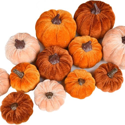 1 Velvet Pumpkins Set Harvest Decoration, 12pcs Assorted Size Orange Cloth Pumpkins for Table Decoration Halloween Thanksgiving Autumn Festive Home Decor