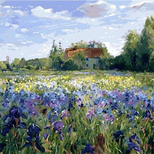 1 DIY Paint by Numbers for Adults Beginner, Purple Flower Rural Cabin Landscape 16x20 inches Number Painting Home Decoration Crafts (No Frame)